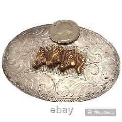 Diablo Vintage Sterling Silver Engraved Belt Buckle with 3 Horse Heads