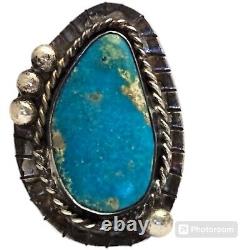 EXPRESSIVE VINTAGE NAVAJO PILOT MOUNTAIN TURQUOISE STERLING SILVER RING OLD Sz7