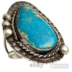 EXPRESSIVE VINTAGE NAVAJO PILOT MOUNTAIN TURQUOISE STERLING SILVER RING OLD Sz7