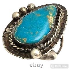 EXPRESSIVE VINTAGE NAVAJO PILOT MOUNTAIN TURQUOISE STERLING SILVER RING OLD Sz7