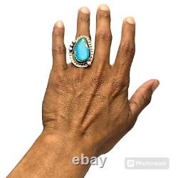 EXPRESSIVE VINTAGE NAVAJO PILOT MOUNTAIN TURQUOISE STERLING SILVER RING OLD Sz7