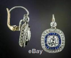 Earrings Antique Vintage Art Deco 14K White Gold Over 3 Ctw Diamond Halo 1920's