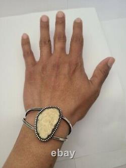 Edward Zuni vintage Sterling Silver, deer bone Inlaid Cuff Bracelet