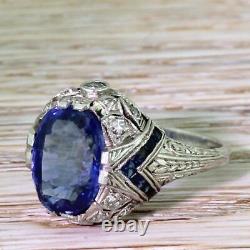 Edwardian 5.50Ct Blue Sapphire Art Deco Vintage Women Ring 14K White Gold Plated