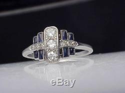 Edwardian Art Deco 2.85 ct Round Diamond Blue Emerald Vintage 925 Silver Ring