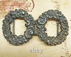 Elegant Antique 2-Piece Sterling Silver Floral Wreath Clasp Belt Buckle Signed