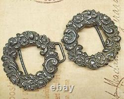 Elegant Antique 2-Piece Sterling Silver Floral Wreath Clasp Belt Buckle Signed