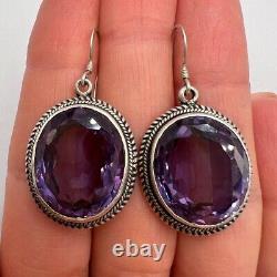 Elegant Vintage 925 Sterling Silver Drop Earrings with Alexandrite Gem