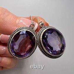 Elegant Vintage 925 Sterling Silver Drop Earrings with Alexandrite Gem