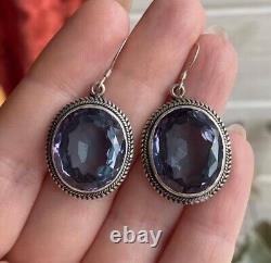 Elegant Vintage 925 Sterling Silver Drop Earrings with Alexandrite Gem