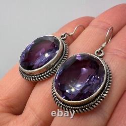 Elegant Vintage 925 Sterling Silver Drop Earrings with Alexandrite Gem