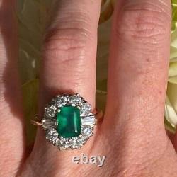 Emerald & Cubic Zirconia Vintage Ring, 925 Sterling Silver Halo Ring