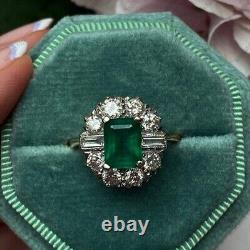 Emerald & Cubic Zirconia Vintage Ring, 925 Sterling Silver Halo Ring