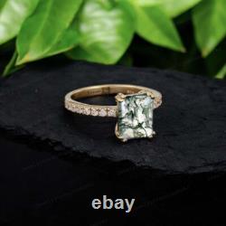 Emerald Cut Moss Agate Silver Ring Unique Boho Style Engagement Ring