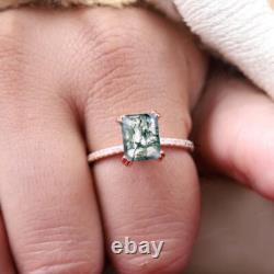 Emerald Cut Moss Agate Silver Ring Unique Boho Style Engagement Ring