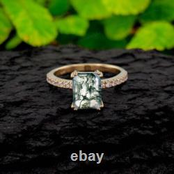 Emerald Cut Moss Agate Silver Ring Unique Boho Style Engagement Ring