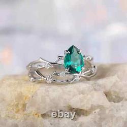 Emerald Gemstone Pear Cut 925 Sterling Silver Nature Design Engagement Ring Set