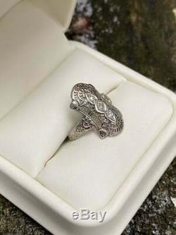 Engagement Filigree Vintage Art Deco Ring 2 Ct Round Diamond 14K White Gold Over