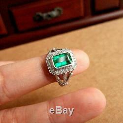 Engagement Ring Vintage 14k White Gold Over Retro 2.86 Ct Green Emerald Diamond