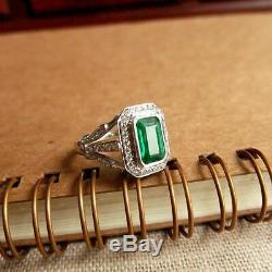 Engagement Ring Vintage 14k White Gold Over Retro 2.86 Ct Green Emerald Diamond