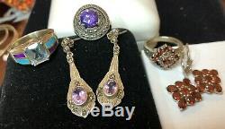 Estate Vintage Lot Of 5 Sterling Silver Gemstone Jewelry Rings Earrings Garnet