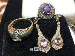 Estate Vintage Lot Of 5 Sterling Silver Gemstone Jewelry Rings Earrings Garnet