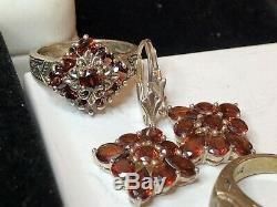 Estate Vintage Lot Of 5 Sterling Silver Gemstone Jewelry Rings Earrings Garnet