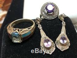 Estate Vintage Lot Of 5 Sterling Silver Gemstone Jewelry Rings Earrings Garnet