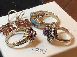 Estate Vintage Lot Of 5 Sterling Silver Gemstone Jewelry Rings Earrings Garnet