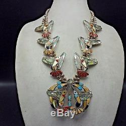 Exquisite Vintage ZUNI Sterling Silver MULTI STONE Inlay HUMMINGBIRD NECKLACE