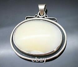 Fabulous Vintage Oval Shaped Milky White Agate Sterling Silver Large Pendant