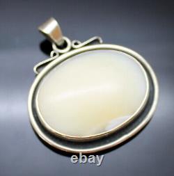 Fabulous Vintage Oval Shaped Milky White Agate Sterling Silver Large Pendant