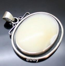 Fabulous Vintage Oval Shaped Milky White Agate Sterling Silver Large Pendant