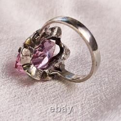 Faceted Marquise-Cut Pink QuartzTension Mount Vintage Sterling Silver Ring