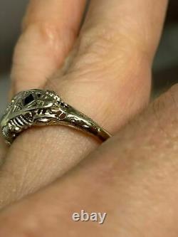 Filigree Vintage Art Deco Engagement Ring14K White Gold Over 0.12 Ct Diamond