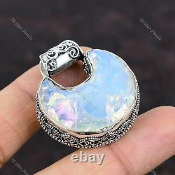 Gift For Her Natural Milky Opal Rough Pendant Crescent Moon Vintage 925 Silver