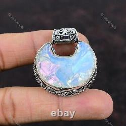 Gift For Her Natural Milky Opal Rough Pendant Crescent Moon Vintage 925 Silver