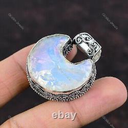 Gift For Her Natural Milky Opal Rough Pendant Crescent Moon Vintage 925 Silver