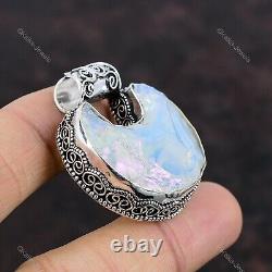 Gift For Her Natural Milky Opal Rough Pendant Crescent Moon Vintage 925 Silver
