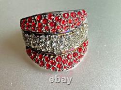 Gorgeous Vintage Designer Sterling Silver 925 Ring -Red & White Crystals Size 10