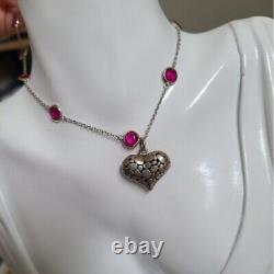 Gorgeous Vintage Sterling Silver Pink Glass Chain Heart Pendant Necklace Italy