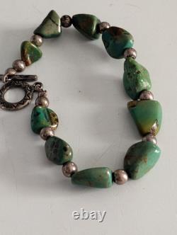 Green Blue and Brown Chunk Turquoise and Sterling Silver Bead Bracelet Vintage