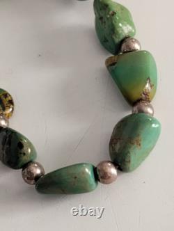 Green Blue and Brown Chunk Turquoise and Sterling Silver Bead Bracelet Vintage