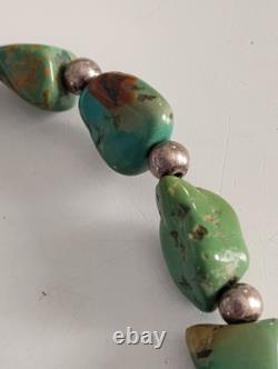 Green Blue and Brown Chunk Turquoise and Sterling Silver Bead Bracelet Vintage