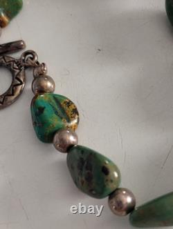 Green Blue and Brown Chunk Turquoise and Sterling Silver Bead Bracelet Vintage