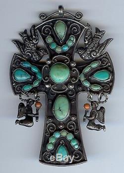 Gustavo Martinez Vintage Mexico Sterling Turquoise Dangle Angels Cross Pendant