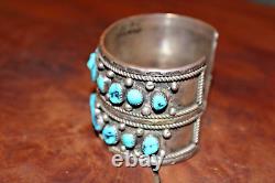 HEAVYVintage Old Pawn Navajo Sterling Silver Kingman Turquoise Double Row Cuff
