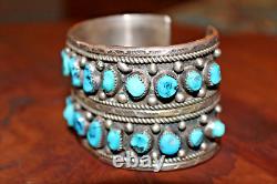 HEAVYVintage Old Pawn Navajo Sterling Silver Kingman Turquoise Double Row Cuff