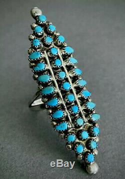 HUGE LONG Vintage Zuni Native American Sterling Silver Turquoise Cluster Ring