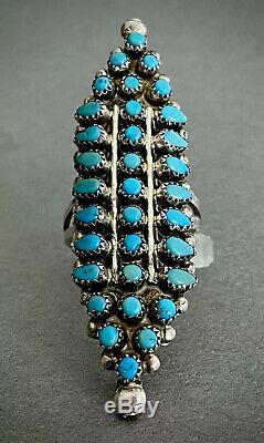 HUGE LONG Vintage Zuni Native American Sterling Silver Turquoise Cluster Ring